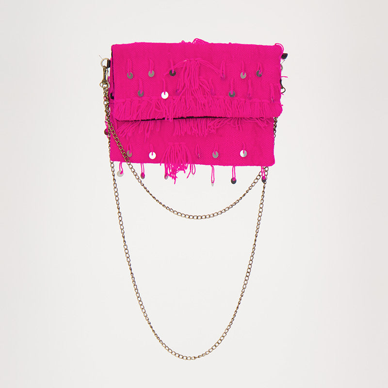 Roze Adora blush tas met lovertjes handgemaakt van een handira kleed uit Marokko. 